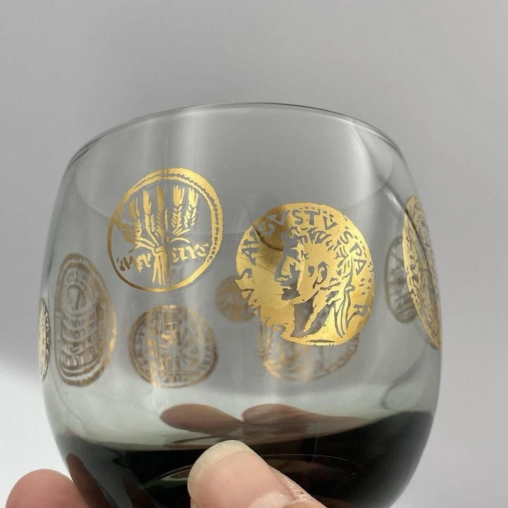 Vintage 1971 Federal Glass Roma Coins Roly Poly Tumblers‎ Set Of 2 Smoky Gray